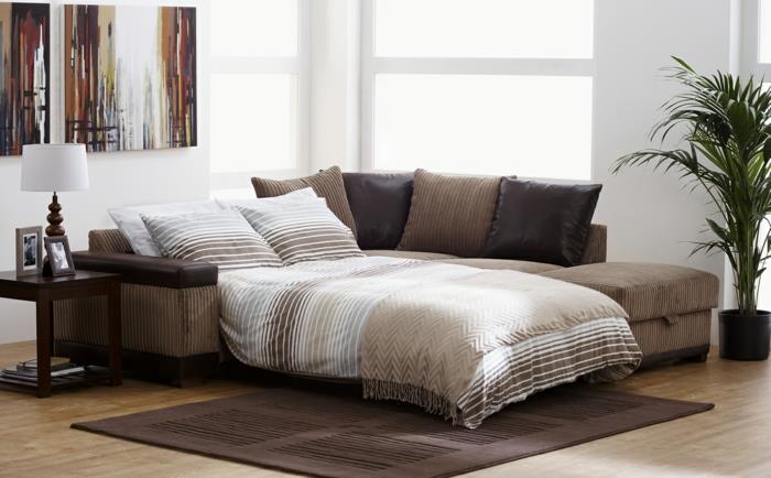 καναπές κρεβάτι σχεδιασμός κομψός γωνιακός καναπές κλινοσκεπάσματα καφέ χαλιά φυτά