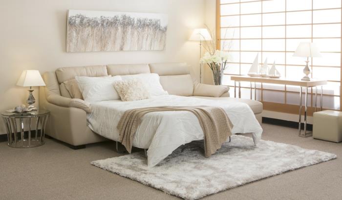 καναπέδες -κρεβάτια κομψό ουδέτερο χρώμα μικρό χαλί σαλονιού