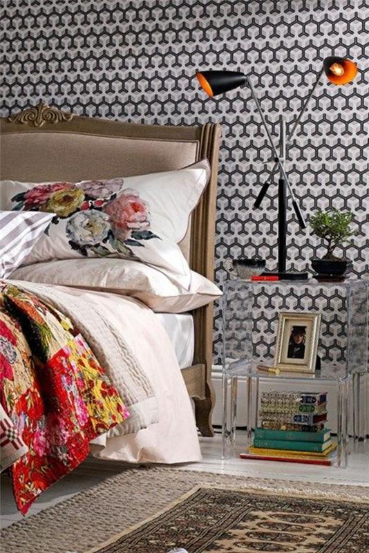 υπνοδωμάτιο ταπετσαρία μοτίβο κομψό κρεβάτι χαλί