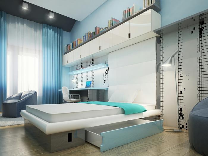 υπνοδωμάτιο μπλε φως τοίχοι φρέσκες κουρτίνες αποθηκευτικός χώρος κρεβάτι