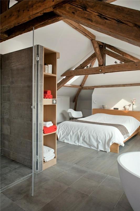 υπνοδωμάτιο με κλίση ξύλινη οροφή δίνει στο εσωτερικό περισσότερη ζεστασιά
