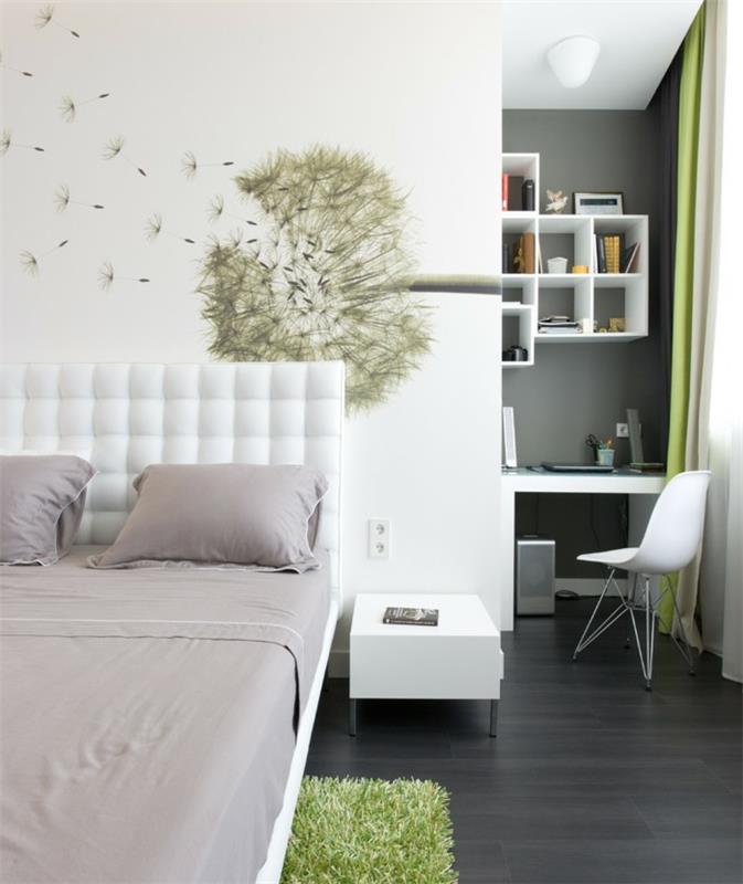 ιδέες διακόσμησης κρεβατοκάμαρας διακόσμηση τοίχου λευκοί τοίχοι πράσινο χαλί