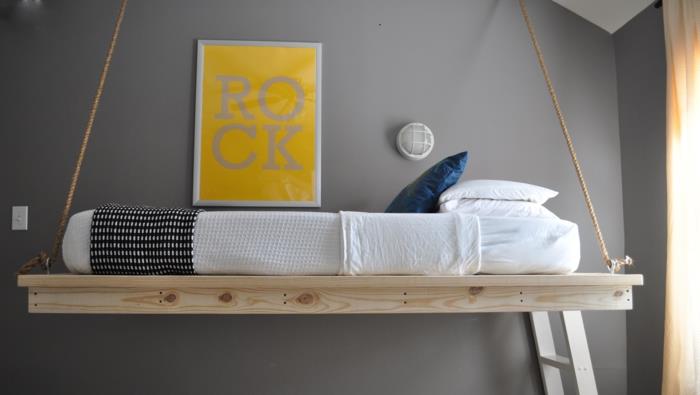 κρεβατοκάμαρα σχεδιασμός κρεμαστό κρεβάτι γκρι χρώμα τοίχου
