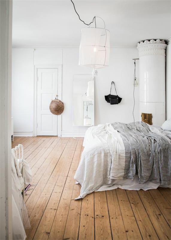 υπνοδωμάτιο σχεδιασμός ξύλινο πάτωμα λευκό τοίχο χρώμα ρουστίκ εμφάνιση