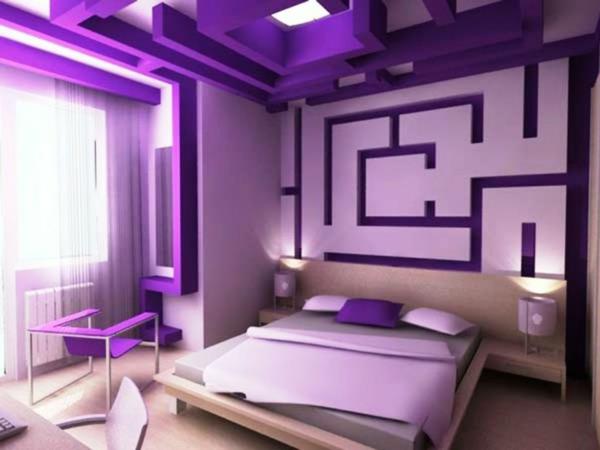 ιδέες σχεδιασμού κρεβατοκάμαρας όμορφα χρώματα τοίχων σε μοβ κρεβάτι