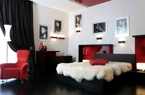 ιδέες σχεδιασμού υπνοδωματίου ασπρόμαυρο κόκκινο σχέδιο τοίχου κρεβατιού