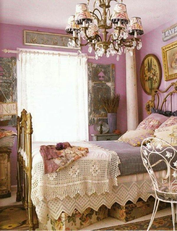 σχεδιασμός κρεβατοκάμαρας shabby chic έπιπλα μοβ χρώμα τοίχου