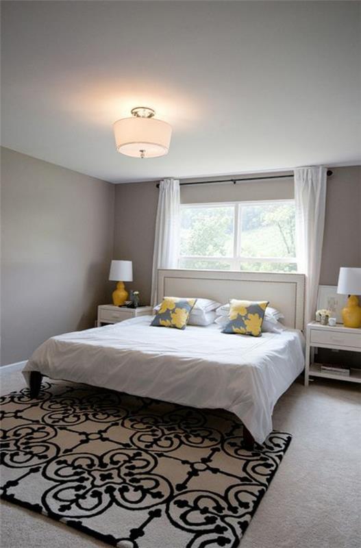 υπνοδωμάτιο σχεδιασμός τοίχου χρώμα γκρι τόνους κρεβάτι κίτρινο τόνους