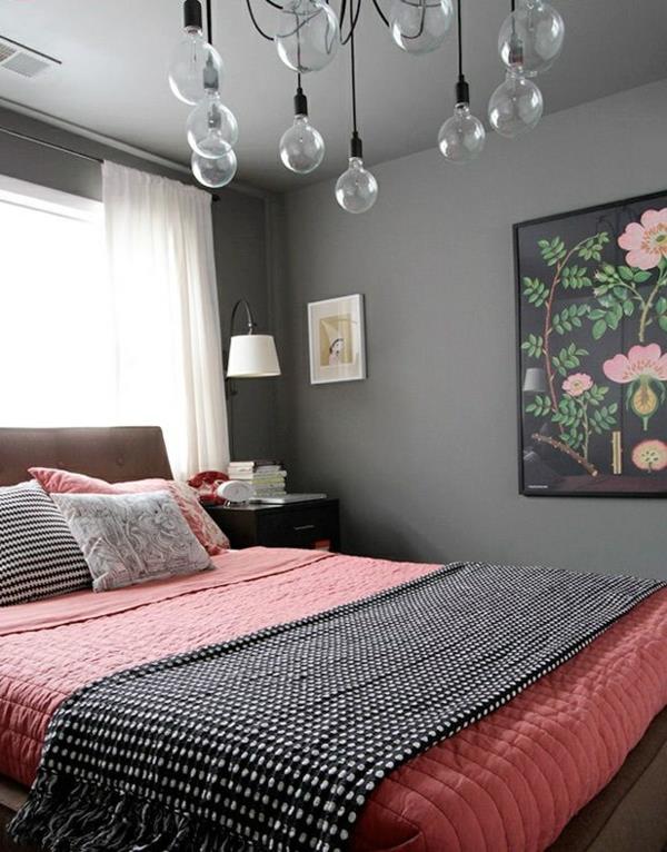 κρεβατοκάμαρα σχεδιασμός τοίχου χρώμα γκρι αποχρώσεις κρεμαστό φώτα κρεβάτι