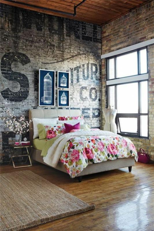 υπνοδωμάτιο σχεδιασμός τούβλο τοίχο κρεβάτι μοτίβα λουλουδιών