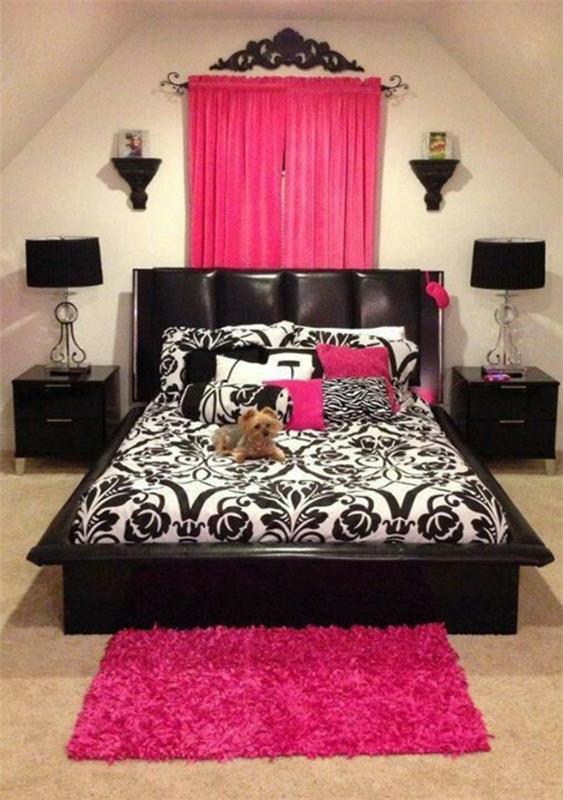 ιδέες σχεδιασμού κρεβατοκάμαρας κρεβάτι δερμάτινο ροζ χαλί