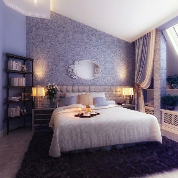 υπνοδωμάτιο σχεδιασμός ιδέες μοβ σχεδιασμός τοίχου χαλί κρεβάτι