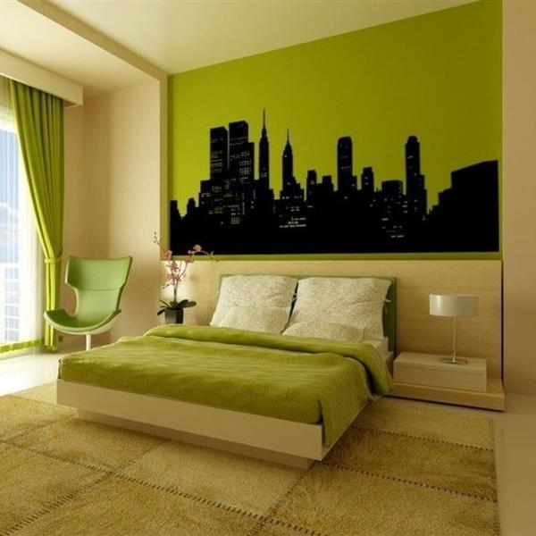 ιδέες σχεδιασμού υπνοδωματίου μινιμαλιστικό πράσινο με κρεβάτι βινυλίου