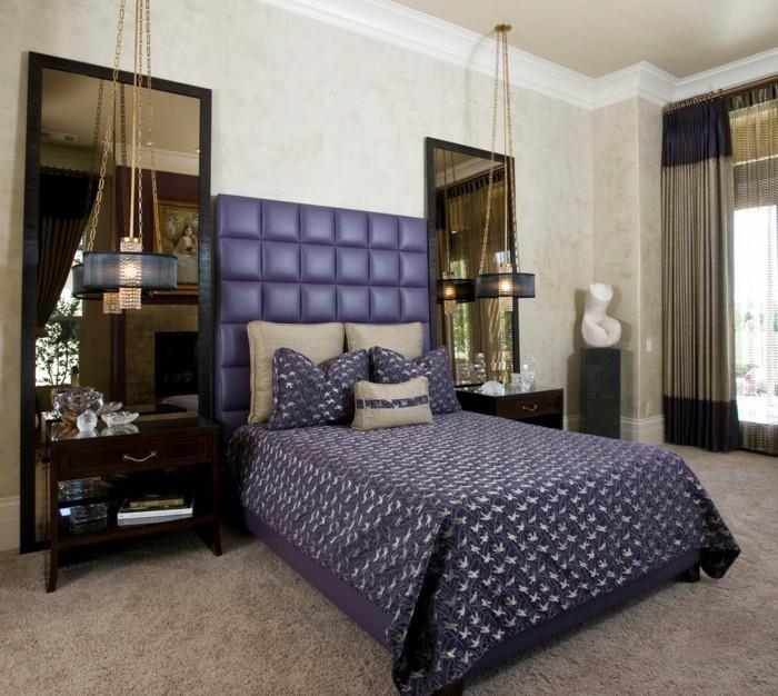 Διακοσμήστε το υπνοδωμάτιο με μπεζ μοκέτα και μοβ κλινοσκεπάσματα