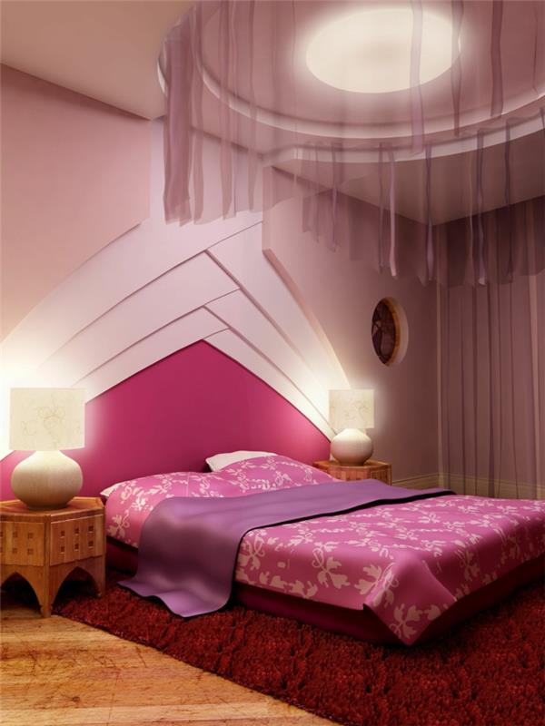 επίπλωση κρεβατοκάμαρα παραδείγματα ασυνήθιστο κρεβάτι κεφαλάρι κόκκινο χαλί ροζ τοίχος