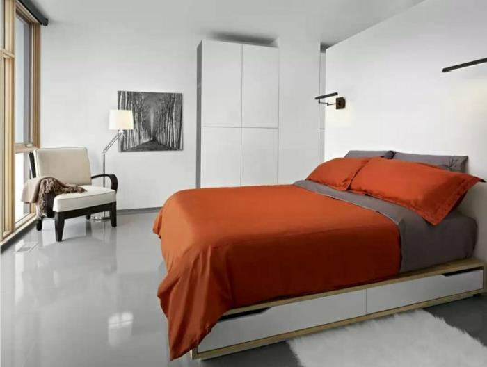 υπνοδωμάτιο παραδείγματα επίπλων πορτοκαλί κλινοσκεπάσματα λευκοί τοίχοι