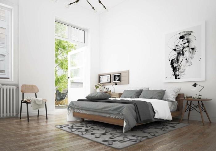 υπνοδωμάτιο παραδείγματα επίπλωσης σκανδιναβικά γκρι χαλιά κλινοσκεπάσματα λευκοί τοίχοι