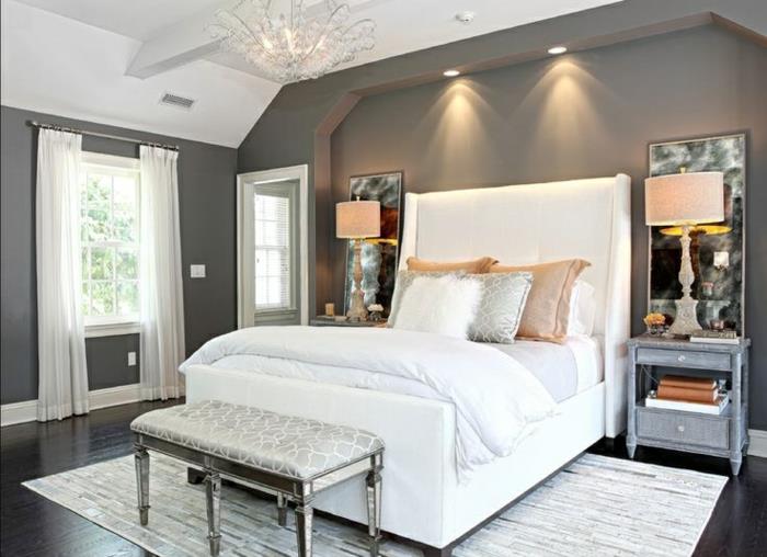 υπνοδωμάτιο παραδείγματα επίπλων λευκό κρεβάτι ανοιχτό χαλί γκρι τοίχοι
