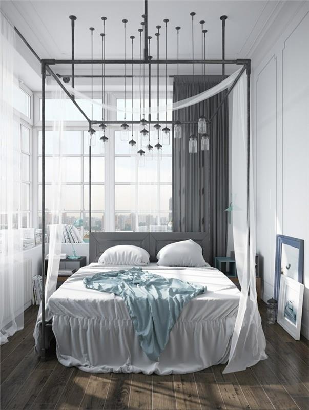 ιδέες διαβίωσης υπνοδωμάτιο σε βιομηχανικό στιλ με κρεμαστά φώτα