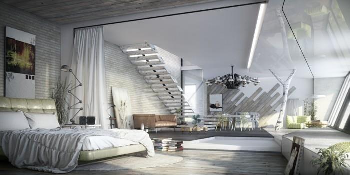 υπνοδωμάτιο με επίπλωση βιομηχανικού χώρου ύπνου σε ανοιχτά χρώματα
