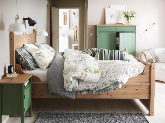 κρεβατοκάμαρα επίπλωση μικρό υπνοδωμάτιο κρεμαστά φώτα ξύλινα κρεβάτια πράσινα έπιπλα