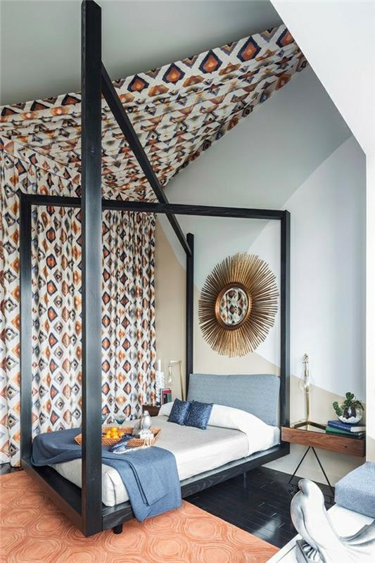 Επιπλώστε ένα υπνοδωμάτιο με κεκλιμένη οροφή, διακοσμήστε με κλωστοϋφαντουργικό κρεβάτι