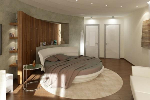 επίπλωση κρεβατοκάμαρας στρογγυλό διπλό κρεβάτι στρογγυλό χαλί τοίχων ράφια επένδυση τοίχου