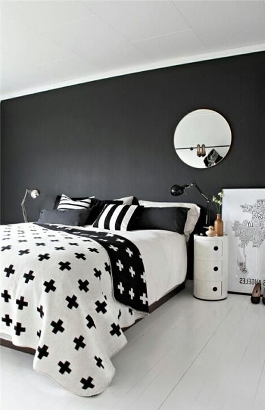 κρεβατοκάμαρα επίπλωση μαύρο τοίχο λευκό κρεβάτι δαπέδου