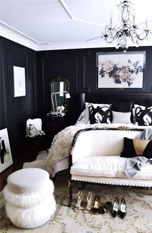 υπνοδωμάτιο επίπλωση μαύροι τοίχοι λευκό ταβάνι σκαμπό κρεβατοκάμαρα πάγκος
