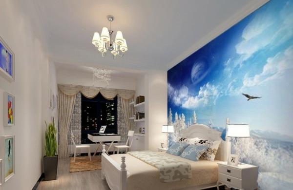 υπνοδωμάτιο επίπλωση τοίχου ταπετσαρία τοίχου σχεδιασμός λευκό διπλό κρεβάτι κομοδίνο