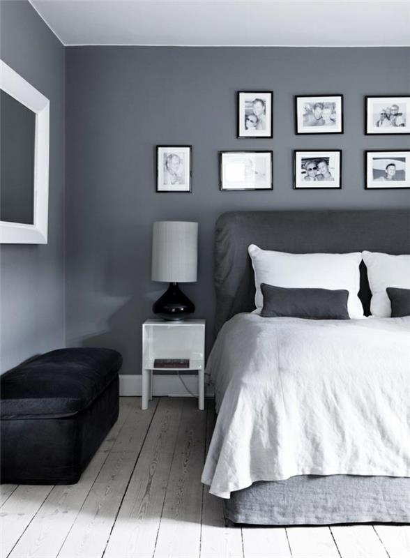 υπνοδωμάτιο επιπλωμένο λευκό μαύρο γκρι ξύλινο πάτωμα
