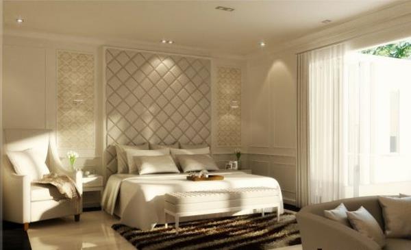 έπιπλα κρεβατοκάμαρας λευκά χρώματα τοίχου έπιπλα πολυθρόνες διπλό κρεβάτι μαξιλάρια χαλί