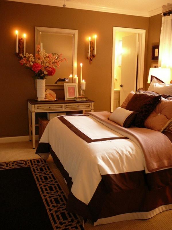 ιδέες διακόσμησης κρεβατοκάμαρας καφέ χρώματα κεριά κρεβάτι