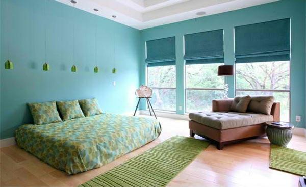 χρώματα κρεβατοκάμαρας ιδέες βαφής τοίχου μπλε κρεβάτι δρομείς πράσινοι