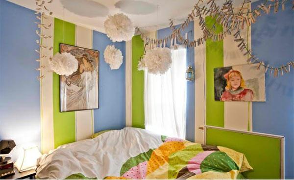 υπνοδωμάτιο χρώματα ιδέες σχεδιασμός τοίχου λωρίδα μοτίβο μπλε και πράσινο