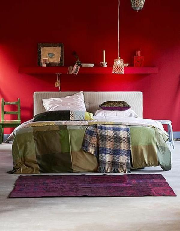 χρώματα κρεβατοκάμαρας κόκκινο σχέδιο τοίχου κρεβάτι μοβ