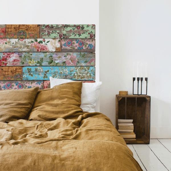 υπνοδωμάτιο σχεδιασμός diy κεφαλάρι κατασκευάστε μόνοι σας λουλούδι μοτίβο ξύλινο κουτί upcycling κομοδίνο