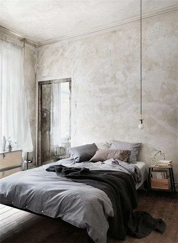 υπνοδωμάτιο σχεδιασμός ξύλινο πάτωμα κρεμαστό φωτιστικό όμορφο σχέδιο τοίχου