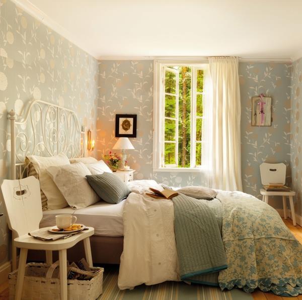 κρεβατοκάμαρα σχεδιασμός κεφαλάρι κρεβάτι κρεβάτι λευκό μεταλλικό κρεβάτι σφυρήλατο σίδερο ρετρό ταπετσαρία τοίχου elmueble