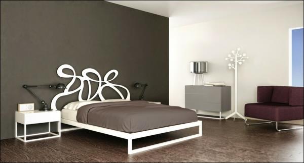 κρεβατοκάμαρα σχέδιο μεταλλικό κρεβάτι λευκό κρεβάτι πλαίσιο κεφαλάρι καμπυλωτά σχήματα taupe χρώμα τοίχου