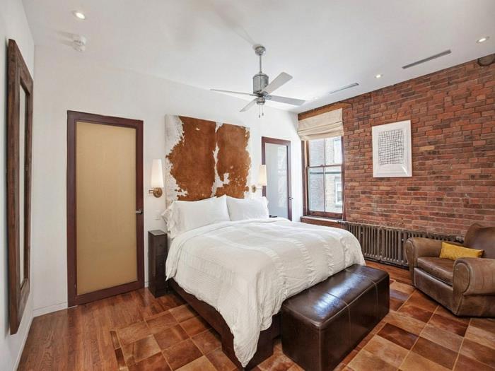 υπνοδωμάτιο σχεδιασμός μοντέρνο εσωτερικό ρουστίκ τοίχο από τούβλα δέρμα Νέα Υόρκη διαμέρισμα της πόλης