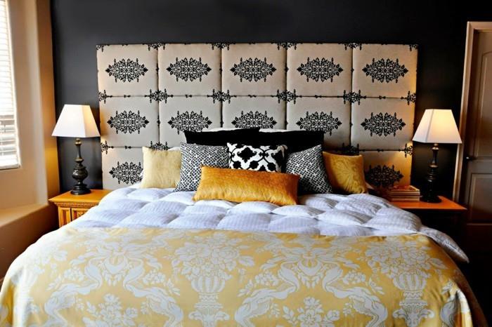 κρεβατοκάμαρα σχέδιο ρίξτε μαξιλάρια κρεβάτι κεφαλάρι ύφασμα μοτίβο σκοτεινό τοίχο υπνοδωματίου