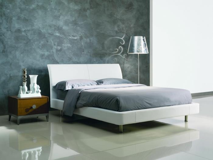 υπνοδωμάτιο γκρι δροσερή προφορά πλακάκια δαπέδου λευκό κρεβάτι