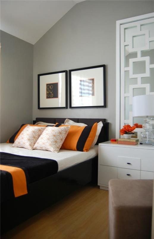 κρεβατοκάμαρα γκρι ανοιχτό γκρι τοίχοι πορτοκαλί ρίξτε μαξιλάρια μαύρο κρεβάτι