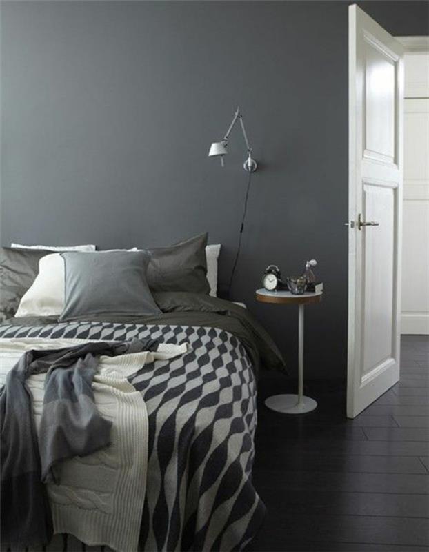 υπνοδωμάτιο γκρι τοίχοι κρεβάτι μοτίβο λευκό φωτιστικό