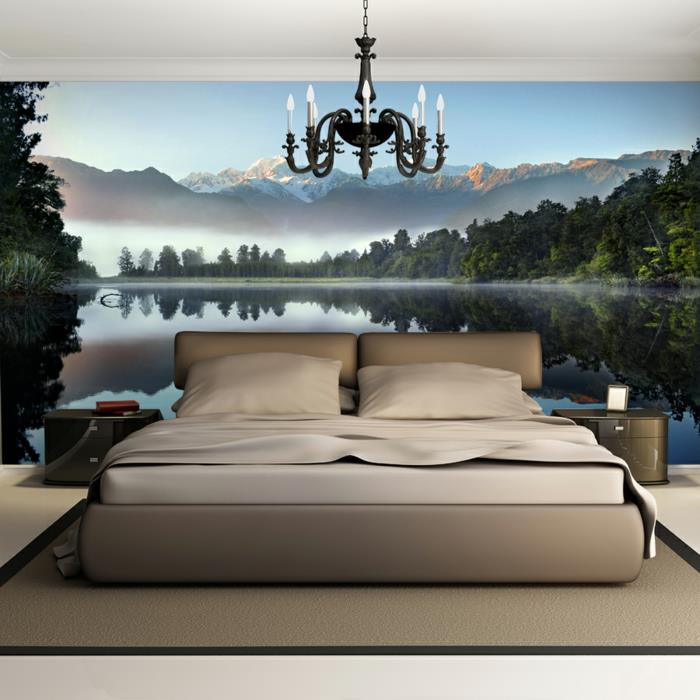 κρεβατοκάμαρα ιδέα φωτογραφία ταπετσαρία σχεδιασμός τοίχου διακόσμηση τοίχου βουνά λίμνη