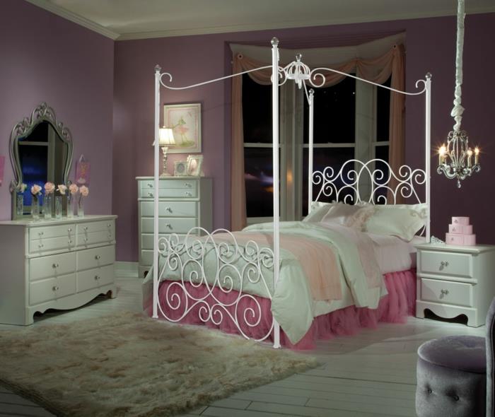υπνοδωμάτιο ιδέες θόλο κρεβάτι θόλο μεταλλικό κρεβάτι λευκό τοίχο χρώμα μοβ γούνα χαλί