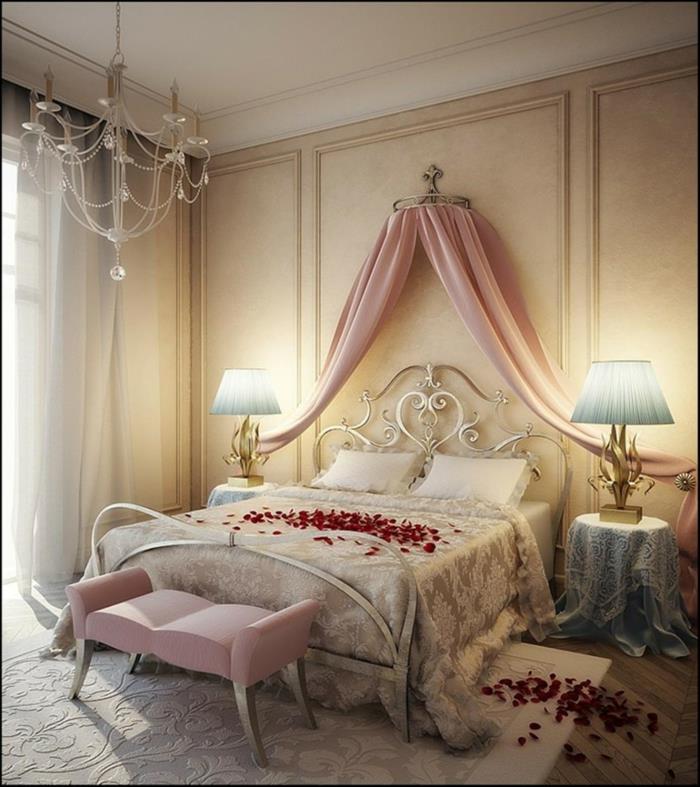 υπνοδωμάτιο ιδέες θόλο κρεβάτι θόλο ροζ μεταλλικό κρεβάτι ασημί κρυστάλλινος πολυέλαιος ρομαντικός