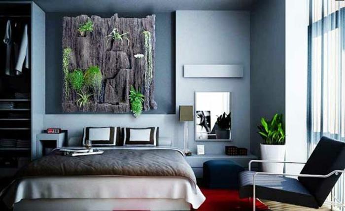 ιδέες υπνοδωματίου γκρι τοίχο χρώμα κάθετο κήπο ξύλο εσωτερικά φυτά σχεδιασμός τοίχου