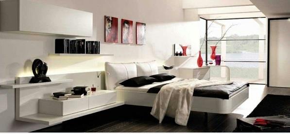 ιδέες για υπνοδωμάτιο σε ασπρόμαυρο μοντέρνο τοίχο με κόκκινες πινελιές